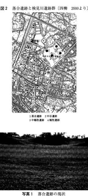 図 2 落合遺跡と検見川遺跡群〔四柳 2 0 0 0 より〕 とあります。〔松本 1 9 5 2 ，  85~  6  J 。それが， 1 落合遺跡 2 中谷遺跡 3 中鶴牧遺跡 4 鶴牧遺跡 写真 1 落合遺跡の現状 なお，大賀ハスには丸木舟の年代比定と微妙 に関わる事柄があり，またここから北東へ約 2km はなれた噴橋貝塚にも，同様な問題があ りますので，それらについては次節で触れるこ とにします。 それでは丸木舟発掘の経緯を，わずかの文献 資料や聴取りからですが，記してみます。 「まえがき」で引用した