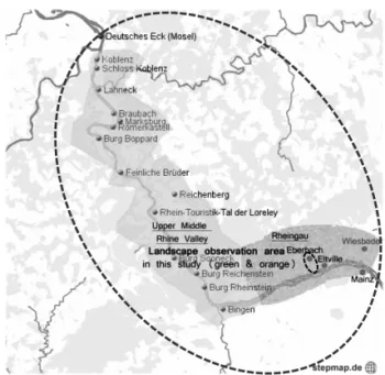 Figure 4:  The investigation area of this study  (Middle Rhine &amp; Rheingau) Source: Base map from 