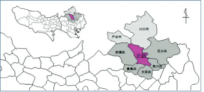 図 1 ．北区の位置（東京都の北東部と埼玉県南部の一部）、筆者作成 3.  Google マイビジネスとデジタルマーケティング   今回用いたサービスは、 Google の提供する Google マイビジネス（以降マイビジネス）である。 マイビジネスは Google アカウントを持っていれば Google マップ上に登録ができる。図 2 は北区 にある「王子神社」のマップ上でのマークである。マイビジネスに登録すると、図のように見え る。マイビジネスには、各自の設定サイトから店舗のアピールや写真などを後で追加