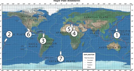 Fig. 12　世界の主要なテクトニックプレート境界と視点位置（USGS major plate boundaries online: 