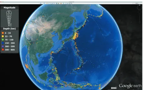 Fig. 4　Google Earth を用いた震源情報表示（USGS）