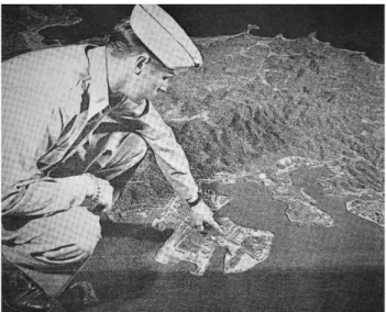 Figure 9 An American Gulliver Puts His Finger on a Lilliput Jap Naval Base (W. Robert Moore, “Face of Japan,” National Geographic Magazine 88.6 [December 1945], p.754)