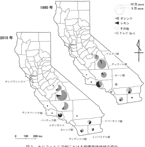 図 2 　カリフォルニア州における柑橘栽培地域の変化 資料：Crop Report