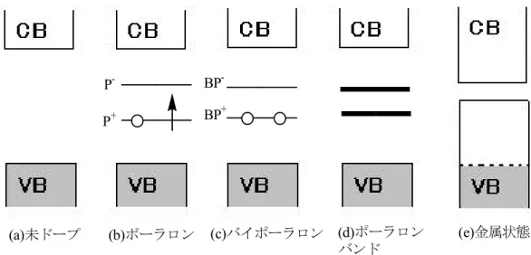 Fig. 1-5.  非縮退系導電性高分子の電子状態 εF(a)未ドープ禁止帯幅(b)ポーラロン(c)バイポーラロン(d) ポーラロン    バンド (e) 金属状態P-P+BP-BP+