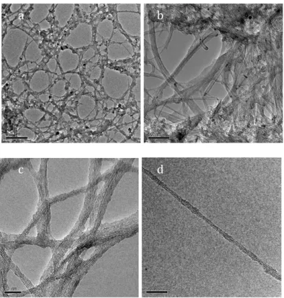 Figure 1. Transmission electron microscopy images of (a, b) Pristine and (c, d)  Purified SWCNTs