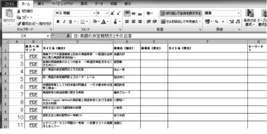 図 4 Excel シート左端に数字を挿入   図 4 のように各行に番号を記入しておくことにより，論文検索をして不必要な行を削除したり，並べ替 えたりしても， DVD 上の元の検索用 Excel のシートでは何行目にあるかがすぐにわかる。この際，図 5 に あるように，論文に振っていく番号は元の検索用 Excel の行番号と一致するように 2 から始めると分かり易 い。 図 5   挿入する数字と行番号を一致 3.2  “あゆみ” Excel データベースの特徴への留意   “あゆみ”のシステム的特徴の他