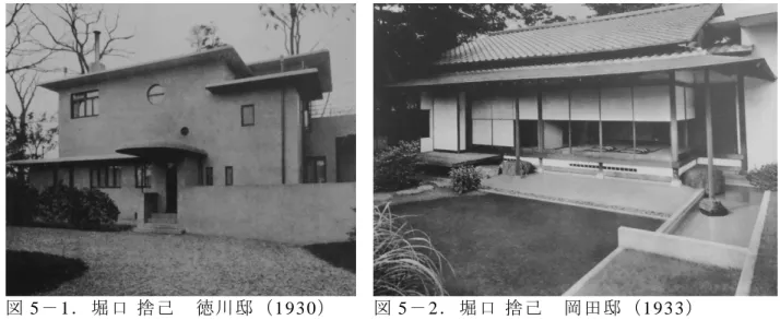 図 5 － 1 ．堀口 捨己  徳川邸（ 1 93 0 ） 図 5 － 2 ．堀口 捨己  岡田邸（ 1 93 3 ） さて、堀口  捨己は伝統的な空間構成を用いていることが知られている。外観や 室内の特徴を考察しよう。堀口は、岡田邸（ 1 9 33 ）や大森の小住宅（ 19 5 6 ）や大 原山荘（ 19 6 8 ）という住宅、また茶室などでは、桂離宮の月見台を思い起こさせ る竹縁を設ける。それと、桂離宮と同様な細い柱などを用いる（図４）。堀口の 有名な作品である截金（きりかね）の摺箔裂地（すりはくきれじ