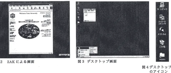 図 2 ZAK による画面 図 3 デスクトップ画面 図 4 デスクトップ のアイコン システムやユーザー使用環境に対する制限処理を行うコマンドを含んだスクリプトファイルを記述 して、最終的に制限されたシステムを構築した(表 4) 。 5 .  2 具体的な制限内容 ユーザーの使用環境に対しては、システムポリシーやアクセス制限の設定を使うことにより、極 めて限定された環境を構築することができる。