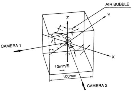 Fig.  10 Three‑dimensional veloci 七 y vec 七 ors of 七 racer particles  in a bubbling jet mixing water vessel  像追跡計測に対する新しい三次元相互相関法を提案した。新しい3 DP T Vは円筒容器内の気泡噴流混 合流れの気液二相流の速度場の計測に適用された。結果として、気泡のまわりの水の運動が明確に 説明された o 5  文献 (  1  )箆源亮， トレーサー画像の相関処理による流速計測，流れの可視化