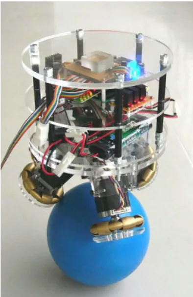 Fig. 1  玉乗りロボット． Robots that balance on a ball. の球体を倒立振子制御則に従って駆動すること で，姿勢維持を行い，移動する機構としている． 球体であるため，姿勢維持を行わない場合は転 倒する． 球体を用いた同様な移動ロボットはまだ実現