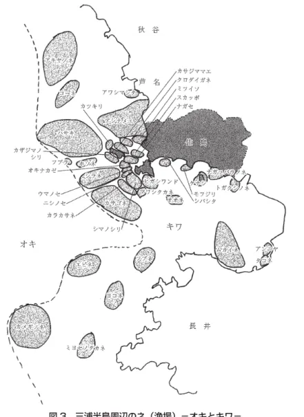 図 3 三浦半島周辺のネ（漁場）−オキとキワ− ソネ（磯根）となっている。佐島のイソネを模式的に描いたものが図 4 である。アワビはそうしたイ ソネの中でも， 岩の隙間や割れ目となるホラ（えぐれた穴）やタナ（張り出した岩）に多く棲んでいる。  佐島においてアワビを採集できる漁法はミヅキとモグリにほぼ限られるといってよい。両者は漁 法としてはまったく対照的であるが，漁場として用いる空間はほとんど同じである。主として狙う 魚介類も同じで，第 1 に商品価値のもっとも高いケー（アワビ）となる。ただし，モグリは夏，