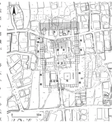図 18 南滋賀廃寺主要伽藍配置図ように，大津廃寺は陸上交通の要衝と琵琶湖の湖上交通の拠点に造営されたものとみなすことができる。またこの寺院の性格として山城の木津川畔の「相楽館」の隣接地に高麗寺が造営されたように，この寺院の付近にも志賀津など港湾関連施設が設けられ，両者は一体化と機能分担の両面から整備された可能性がある。 つぎに南滋賀廃寺（図 18）と崇福寺跡から出土あるいは採集されたとする大和川原寺出土 601A 種同笵軒丸瓦について，果たして第一次資料として取り扱うことが適切かどうかを検討してみたい。こ