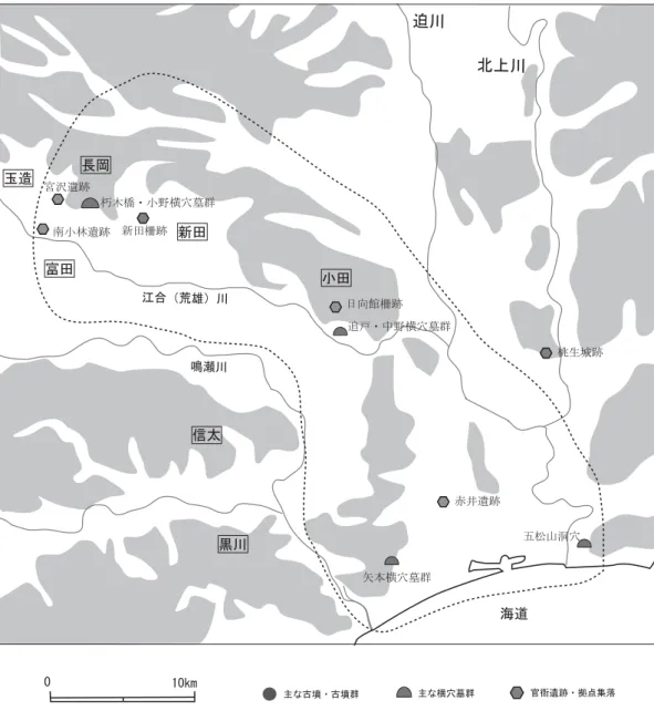 図 5 江合（荒雄）川流域の小地域と主な遺跡の分布 方でも上総地方を故地とする移民系氏族集団を主とする集落と考えられている。そして，この移民 系氏族集団の出自については，横穴墓の形態，関東系土器の系譜，「大舎人」墨書，「舎人」刻書， 「春」刻書などの検討により，上総地方の伊甚屯倉の丸子氏や，春日部などの部姓氏族に帰属すると みられている ［熊谷 1992，平川 1992，佐藤 2004］ 。  以上のような状況から，赤井遺跡Ⅰ期の集落跡は，上総地方の屯倉を故地とする移民系氏族集団 により形成され，その経営に