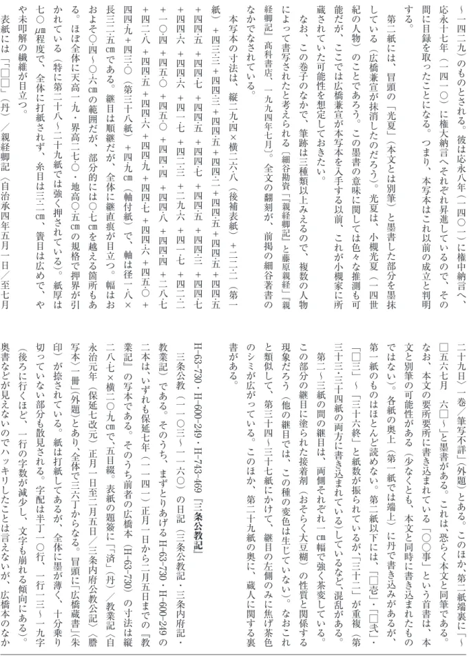 表 紙 に は「 ﹁ □ □ ﹂（ 丹 ） ／ 親 経 卿 記〈 自 治 承 四 年 五 月 一 日 ／ 至 七 月 奥書などが見えないのでハッキリしたことは言えないが、広橋本のなか や未叩解の繊維が目立つ。 （ 後 ろ に 行 く ほ ど、 一 行 の 字 数 が 減 少 し、 文 字 も 崩 れ る 傾 向 に あ る ）。 µm · 程 度 で、 全 体 に 打 紙 さ れ ず、 糸 目 は三 二 ㎝ 、 簀 目 は 広 め で、 や 切っていない部分も散見される。字配は半丁一〇行、一行一三～一九字 