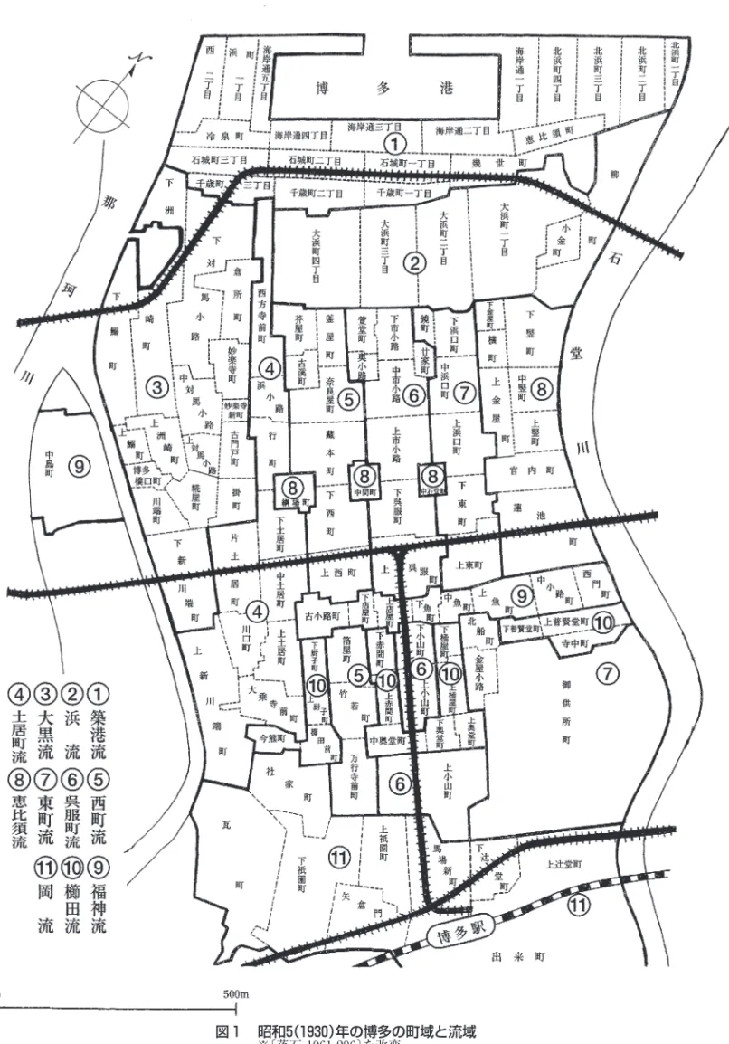 図 1 　昭和5（1930）年の博多の町域と流域 　　　　　　　　　　　　　　　　　　　　　　　  ※〔落石 1961 206〕を改変。
