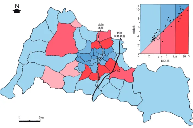 Figure 9 Relationship of in-migration ratio and out-migration ratio for each district in Fukui City.