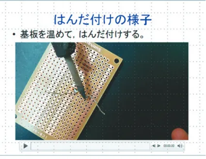 図 はんだ付けの仕方の説明用動画 表 時間目の指導計画 時間 環境・資料 学習活動 指導上の留意点 評価 分 スクリーン プレゼンテーション コンデンサマイク コンデンサマイクの確認をする。 ○ 前時の資料からコンデンサマイクがどういったものだったかを思い出させる。 分 スクリーン プレゼンテーション 回 路 図 の 確 認 を する。 ○ コンデンサマイク，コンデンサの極性に注意させる。 ○ 背の低いものから取り付ける よう促す。 分 スクリーン プレゼンテーション 実物投影機 作業の順番を確認する。 ○