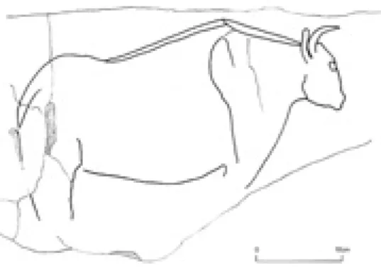 図 ビゾン 図 左図の描きおこし 図 左図の描きおこし図三角形 を射ていないのではないかという議論も展開されており，これだけでは，クレズウェル・クラッグスの制作年代は判断できないともいえるだろう。実際，最古の洞窟壁画であるフランス南部のショーヴェ洞窟にも同じように本の角が揃って前を向いている作品が多く見いだされ，そうなると，クレズウェル・クラッグスも ， 年以上前の産物であるという議論もあり得るのである。様式分析など，これまでの方法意識では不十分な考察しかできない事例が多く現れているのであり，新たな，より客