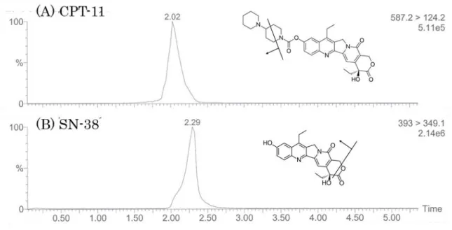 Figure 1  Typical Chromatogram of CPT-11 (A）and SN-38 (B）at a concentration of  1,000 ng/mL