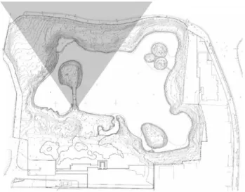 図 9　視点場から眺望に至るまでの視野領域 75 旧大乗院庭園の昔と今の眺望の変化を、写真や絵図を通して見ていく（表 7）。まず江戸 時代末期に描かれた絵図であるが、どこか一点から見えたとおりに描かれているとは言い難 い。というのも、俯瞰でこのように見るとして、画面奥の山頂まで見渡せる場所というと相 当の高さを要するためである。だが庭園と山々等の位置関係を確認することは出来るだろ う。昭和 15 年発行の『社寺の庭園』に掲載されていた写真は、廃仏毀釈によって荒廃した 後の姿である。筆者撮影の写真と絵図を見る