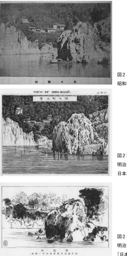 図 2 a）明治 13 年の写真 昭和 4 年「風景と熊野」 図 2 b）洞八町之景 明治 23 年「内国旅行 日本名所図絵第 7 巻」 図 2 c）鬼通路 明治 28 年志賀重昂