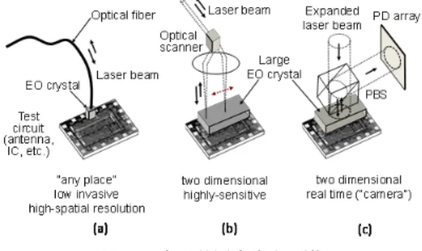 図 5 ファイバ型 EO 電界センサを用いてダイポールアン テナを測定した例 [24]．(a) 測定の様子．(b) 電界 分布の測定例と計算結果