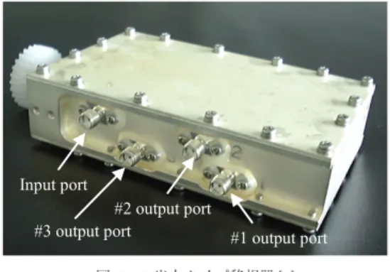 Fig. 8 Tri-plate line phase shifter loaded with di- di-electrics [5]. 帯で ±130 ◦ の移相量がとれるよう設計された．内部は2層になっており，上層部に3 分岐回路が内蔵され，そのまま2へ出力される端子と，下層の移相回路に導かれる二つの端子に分岐される．移相回路を通った信号は1と3から出力される構成である．比誘電率が90で厚さが1.2 mmの高誘電率の誘電体を用いた．誘電体板の移動量と移相量の関係は図10のようになる．プラス側の移相量は