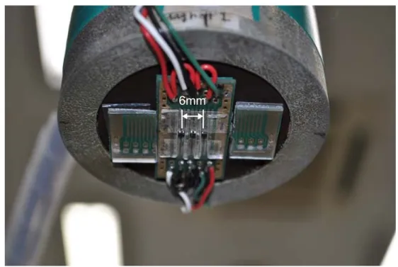 Fig. 3.2 Photograph of installed three Hall elements on bottom of electromagnet.