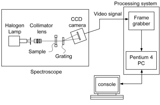 図 4-6：分光分析システム構成図  4.2.4  プローブ光および CCD カメラ  4.2.4.1 CCD カメラの分光感度特性   一般的に使用されている CCD カメラは，人間の視感度特性に合わせてあるため， できる限り長い波長領域まで感度を得たい当該試料の分光分析の用途には適合しな い．そこで， Sony 製の XC-EI50 という近赤外領域の感度を伸ばしたカメラを採用し た．このカメラの分光感度特性[4]を，図 4-7 に示す．基本的にこれらのカメラに使わ れる CCD 素子は Si が材料で