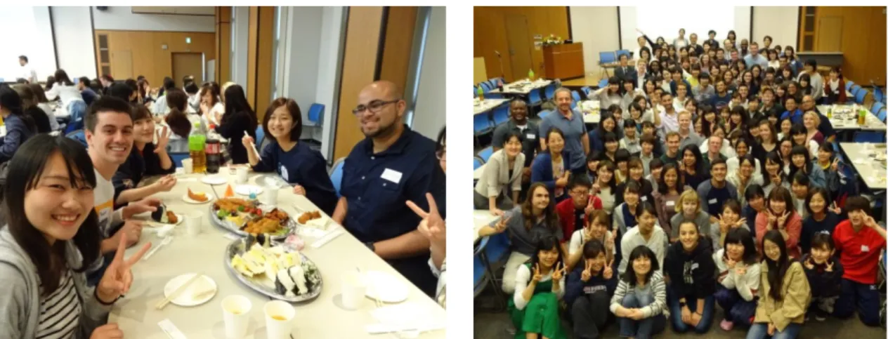 図 1 ．ウェルカムランチパーティの様子    図 2 ．南フロリダ学生と本学看護学科学生 続いて行われた「医療英語Ⅰ」の授業では，看護学科 3 年生 79 名との医療面接ロールプ レイを実施した。南フロリダ大学学生にはあらかじめ，住所，氏名，症状，生活習慣，既 往歴等が記載されているシナリオを渡して患者役を担ってもらい，看護学生からの質問に 英語で答えてもらった。看護学生は，普段の授業で学んでいる医療英語を用いて，模擬患 者から症状や病歴等を聞き取り，実際に病院で使用されているのと同じ診療申込書や問診 票