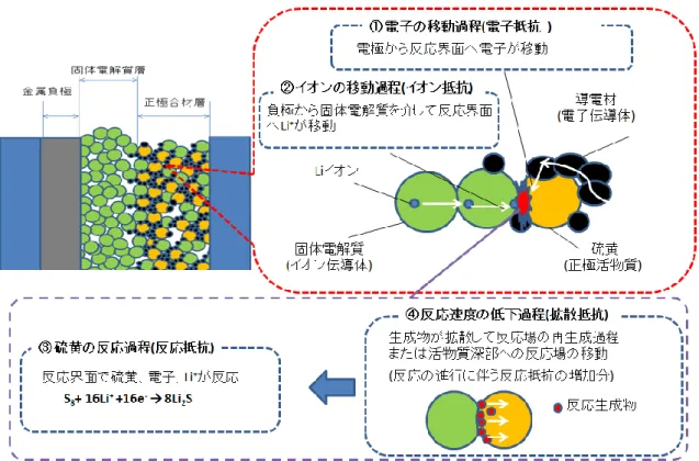 Fig. 1-2 Reaction process in positive composite electrode (discharge process).  そこで、正極内の抵抗を Fig