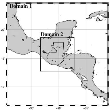 Fig. 22: Computational domains for the meteorological model, WRF  Table 5: WRF model settings for the evaluation of the weather and 