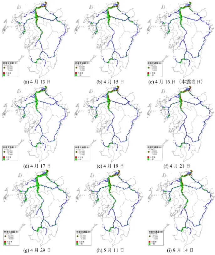 図 4.15  2016 年熊本地震における高速道路の断面交通量と大型車交通量（赤色）の時空間分布 