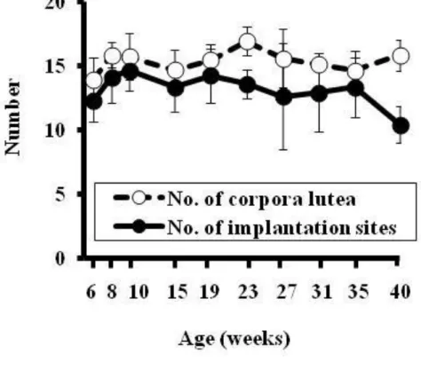 Figure 2-4：母動物の加齢による黄体数及び着床数の変化 