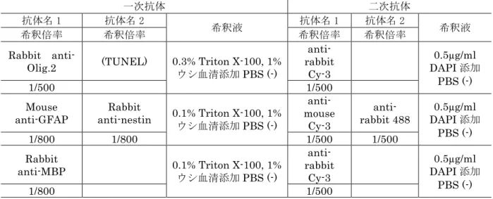 表 3   胎子および新生子脳に対する使用抗体一覧  一次抗体   二次抗体   抗体名 1   抗体名 2   希釈液   抗体名 1   抗体名 2   希釈液   希釈倍率   希釈倍率   希釈倍率   希釈倍率   Rabbit   anti- 