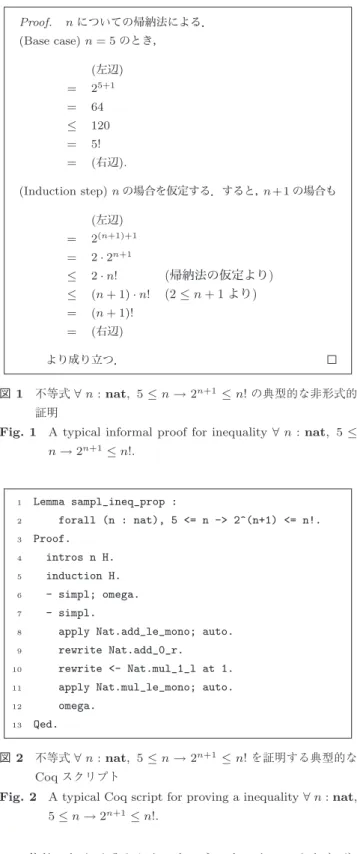Fig. 1 A typical informal proof for inequality ∀ n : nat , 5 ≤ n → 2 n+1 ≤ n !.