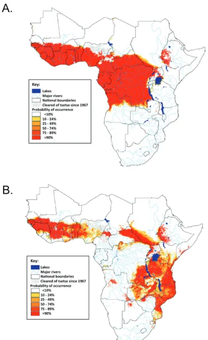 Fig. 1. Predicted distribution of tsetse fly. The underlying data were modified by the  information from a wide range of sources, and incorporated into these analyses, 