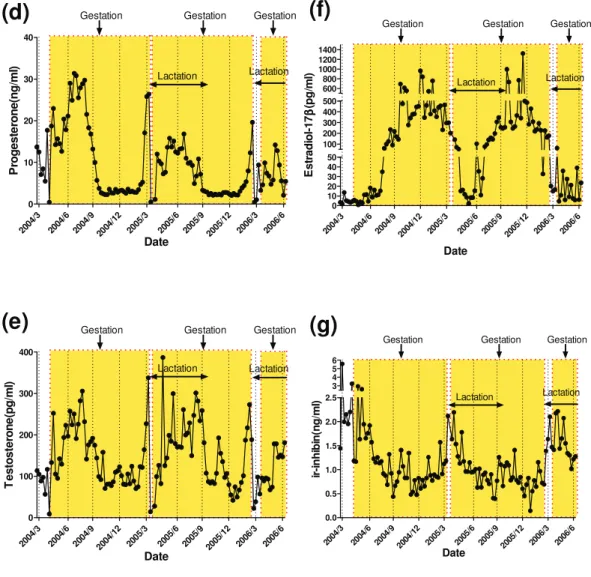 Fig. 5-2 Changes in plasma concentration of progesterone (d), testosterone (e),  estradiol-17 ș   (f), and ir-inhibin (g) during complete reproductive cycle of  Mare 13