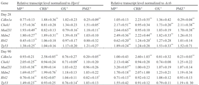 Table 2-4. Relative transcript levels in the liver of rats treated with MP, CRB, OX or PMZ  at day 28 and day 90 