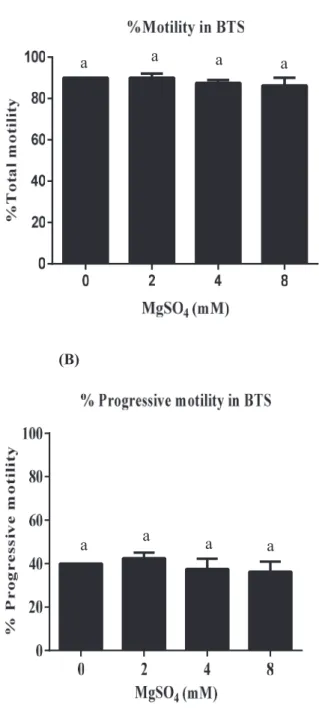 Figure 1. % Total motility (A) and % Progressive motility (B) of boar spermatozoa in BTS  after storage for 72 hr with MgSO 4  (0-8 mM).Values are mean ± SEM from 4 replicates  (One-way ANOVA)