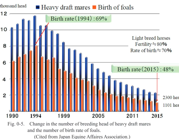 Fig. 0-5.    Change in the number of breeding head of heavy draft mares  and the number of birth rate of foals