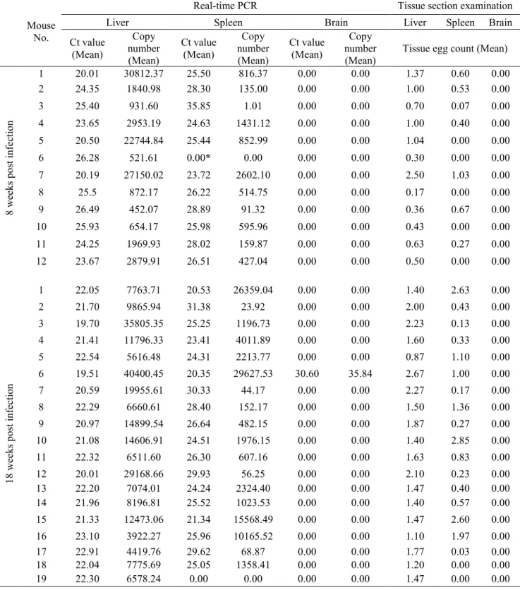 Table 1. Ct values of real-time PCR, copy number of the target gene and tissue egg counts in  the liver, spleen and brain of infected mice at 8 and 18 weeks post infection.