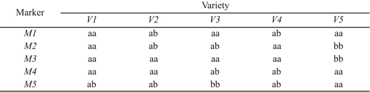 Table 3-1. A summary table with five co-dominant markers (M1−M5) and five diploid varieties (V1−V5) as imaginary test data