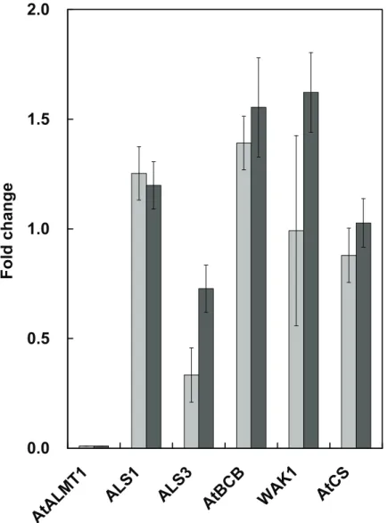 Figure  3. Fold change of gene expression in microarray, whose gene is  associated with Al tolerance as follows; AtALMT1 (Hoekenga et al., 2006),  ALS1 (Larsen et al., 2007), ALS3  (Larsen et al., 2005), AtBCB  (Ezaki  et  al.,  2000), WAK1 (Sivaguru et al