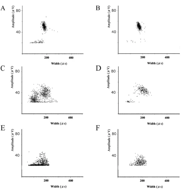 Fig.  7.    Changes induced by ganglion blockade on spike distribution.    At basal state  (A-B), hypothermic state (C-D), and hyperglycemic state (E-F)