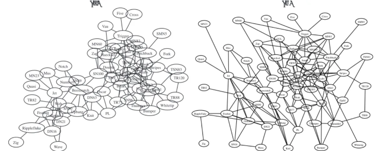 図 1 graphviz を用いて “Dolphin social network”（表 4 参照）の可視化を行った．graphviz にはラベルどうしが重ならないように表示するモードが存在 し，左図は “重なりあり”，右図は “重なりなし” のモードで表示した