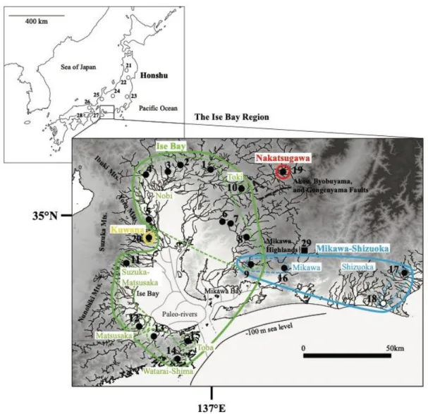 Fig. II-1 Sampling localities of Lefua echigonia (circles), L. torrentis (triangles), and L