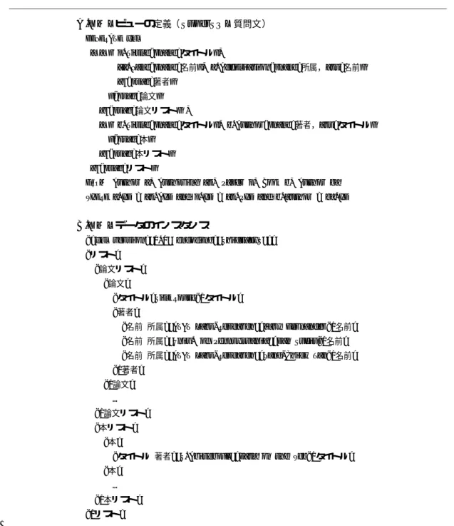 図 6-A の SuperSQL 質問文の TFE からは，図 6-B のインスタンスとともに図 7 の DTD が生成される． 4.3.2 データソースを利用した構造情報の生成 上記の（ 4.3.1 項）の方法では反復子はつねに ‘ * ’ に変換されるが，データの構造制約としてこれでは緩 やかすぎる場合がある．そこで XML データを生成す る元となったデータソースの情報を元に構造情報を生 成する．たとえば，データベース内のデータを分析し て反復するデータの数等の特徴を調べ，その特徴に即した構造情報を生