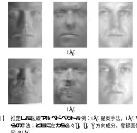 図 3 推定した法線アルベドベクトル例：(a) 提案手法，(b) Sim らの手法；ともに左から各々x，y，z 方向成分，登録画像は 図 2 (a)