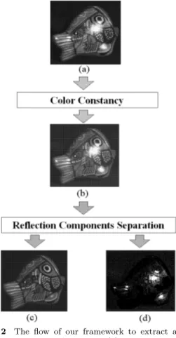 Fig. 2 The ﬂow of our framework to extract actual body color of an object. (a) Input image lit with unknown illumination